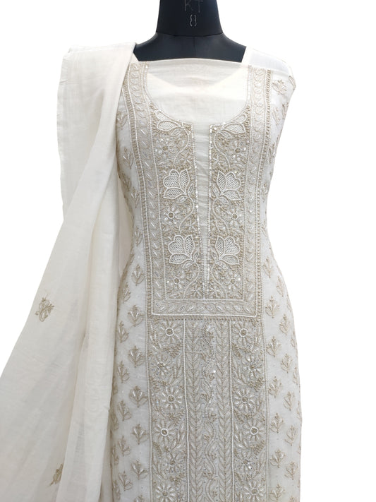 Shyamal Chikan Hand Embroidered White Mul Chanderi Lucknowi Chikankari Unstitched Suit Piece with Cutdana & Sequin Work (Kurta Dupatta Set) - S23883