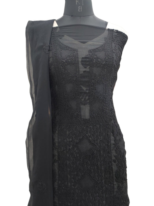 Shyamal Chikan Hand Embroidered Black Georgette Lucknowi Chikankari Unstitched Suit Piece - S23134