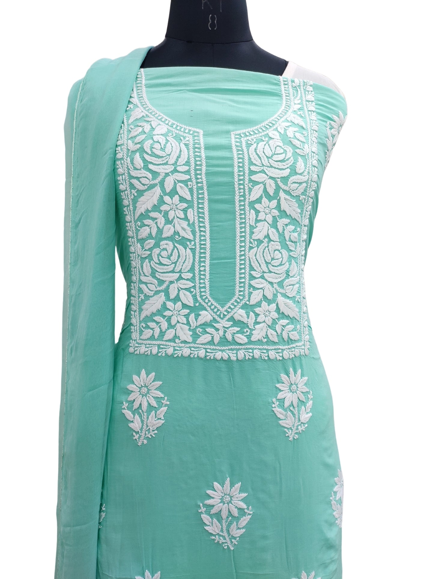 Shyamal Chikan Hand Embroidered Sea Green Modal Lucknowi Chikankari Unstitched Suit Piece - S24734