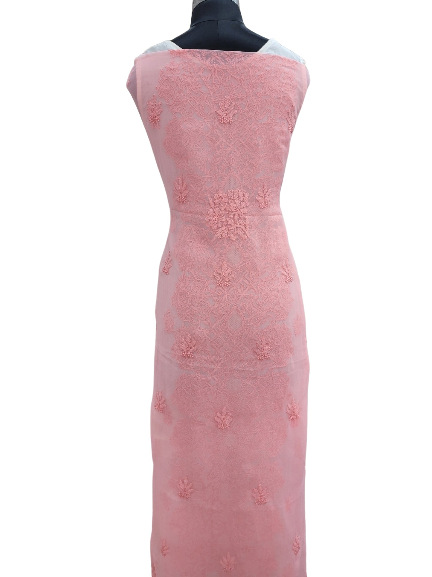 Shyamal Chikan Hand Embroidered Peach Georgette Lucknowi Chikankari Unstitched Suit Piece - S24355