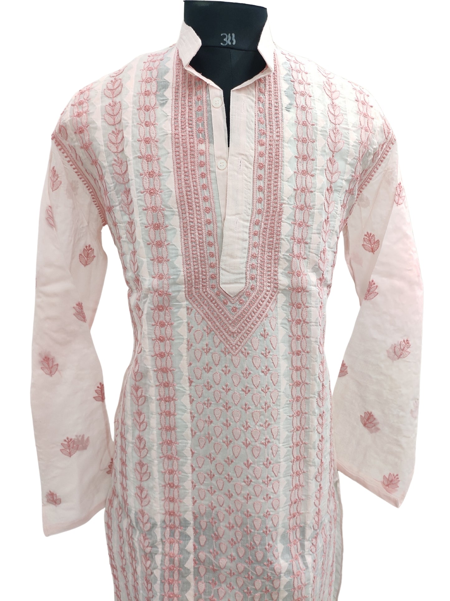 Shyamal Chikan Hand Embroidered Peach Cotton Lucknowi Chikankari Men's Kurta With Daraz Work S23437