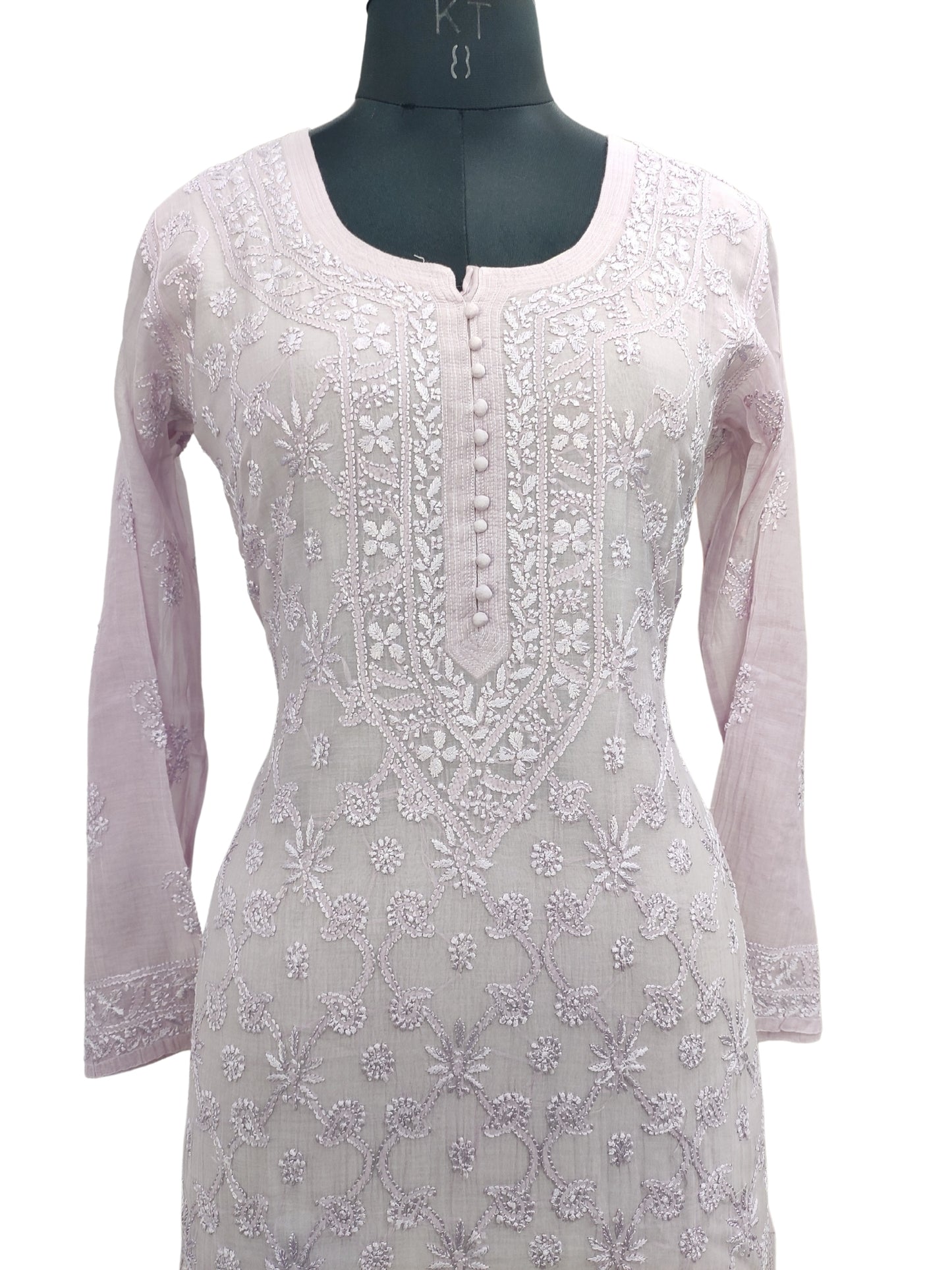 Shyamal Chikan Hand Embroidered Wine Mul Chanderi Lucknowi Chikankari Kurti - 23921