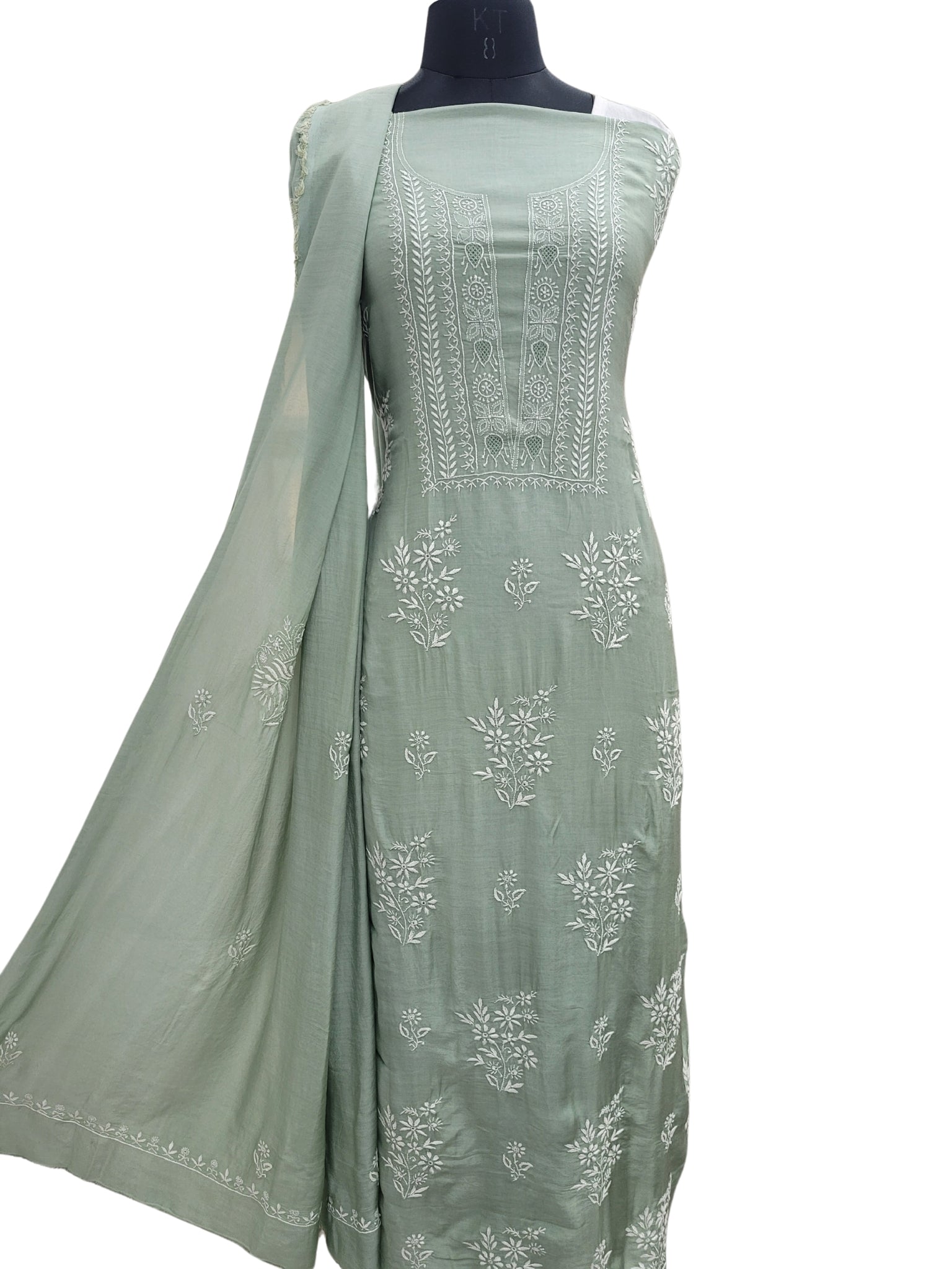 Shyamal Chikan Hand Embroidered Green Cotton Silk  Lucknowi Chikankari Unstitched Suit Piece ( Kurta Dupatta Set ) - S23706