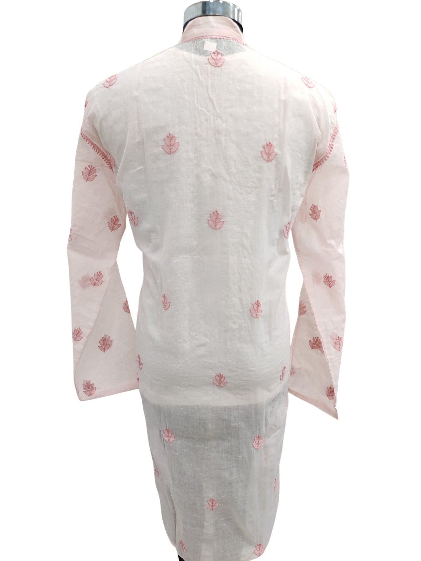 Shyamal Chikan Hand Embroidered Peach Cotton Lucknowi Chikankari Men's Kurta With Daraz Work S23437