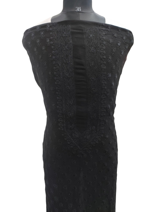 Shyamal Chikan Hand Embroidered Black Viscose Georgette Lucknowi All-Over Chikankari Unstitched Men's Kurta Piece – S24660