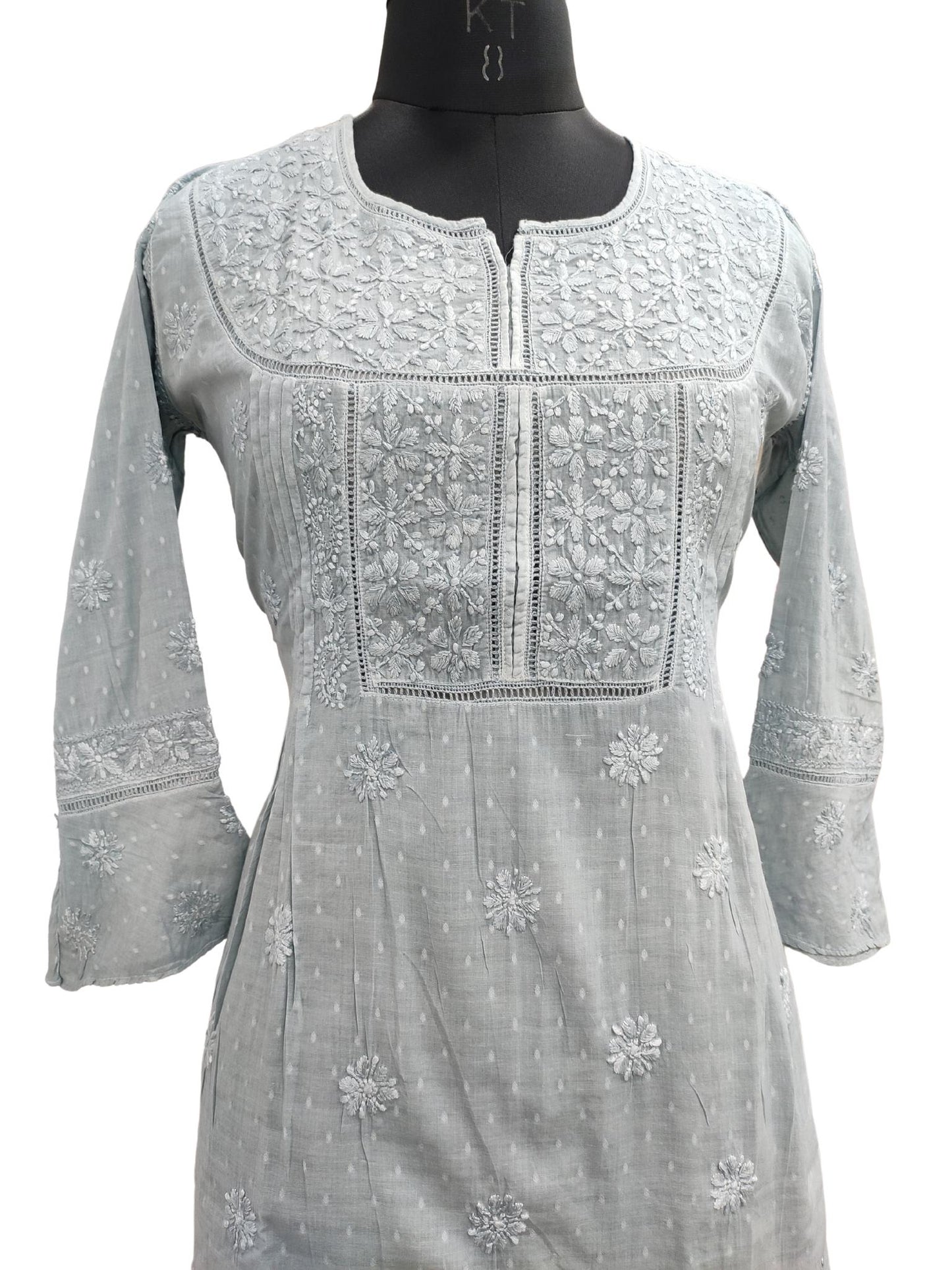 Shyamal Chikan Hand Embroidered Grey Cotton Lucknowi Chikankari Short Top - 20390