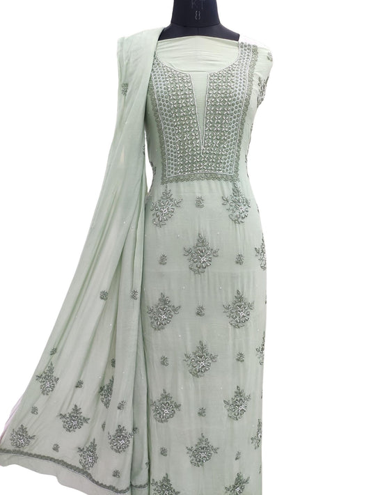 Shyamal Chikan Hand Embroidered Green Muslin Lucknowi Chikankari Unstitched Suit Piece With Pearl and Cut Dana Work ( Kurta Dupatta Set ) - S18661