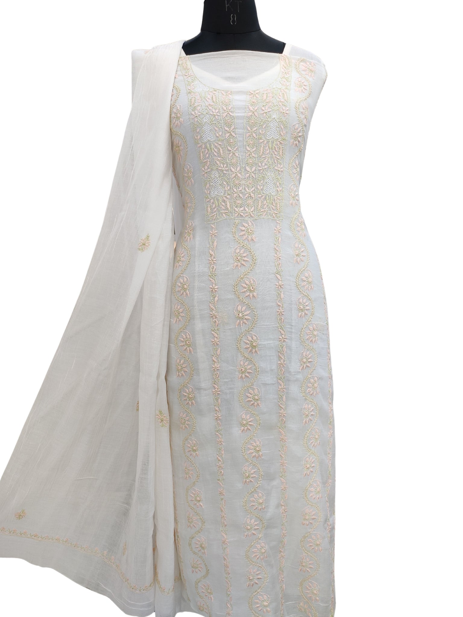 Shyamal Chikan Hand Embroidered White Mul Chanderi Lucknowi Chikankari Unstitched Suit Piece (Kurta Dupatta Set) - S22967