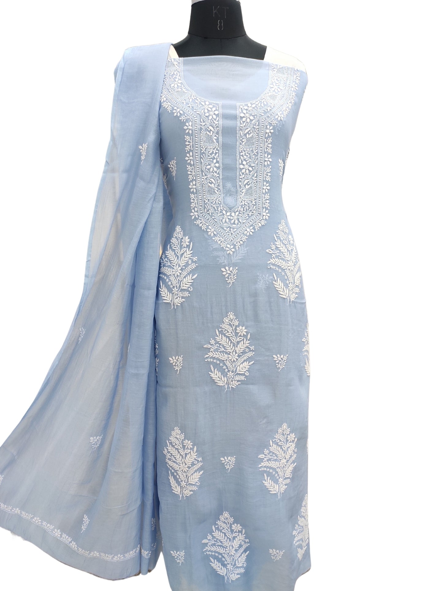 Shyamal Chikan Hand Embroidered Blue Mul Chanderi Lucknowi Chikankari Unstitched Suit Piece (Kurta Dupatta Set) - S23692