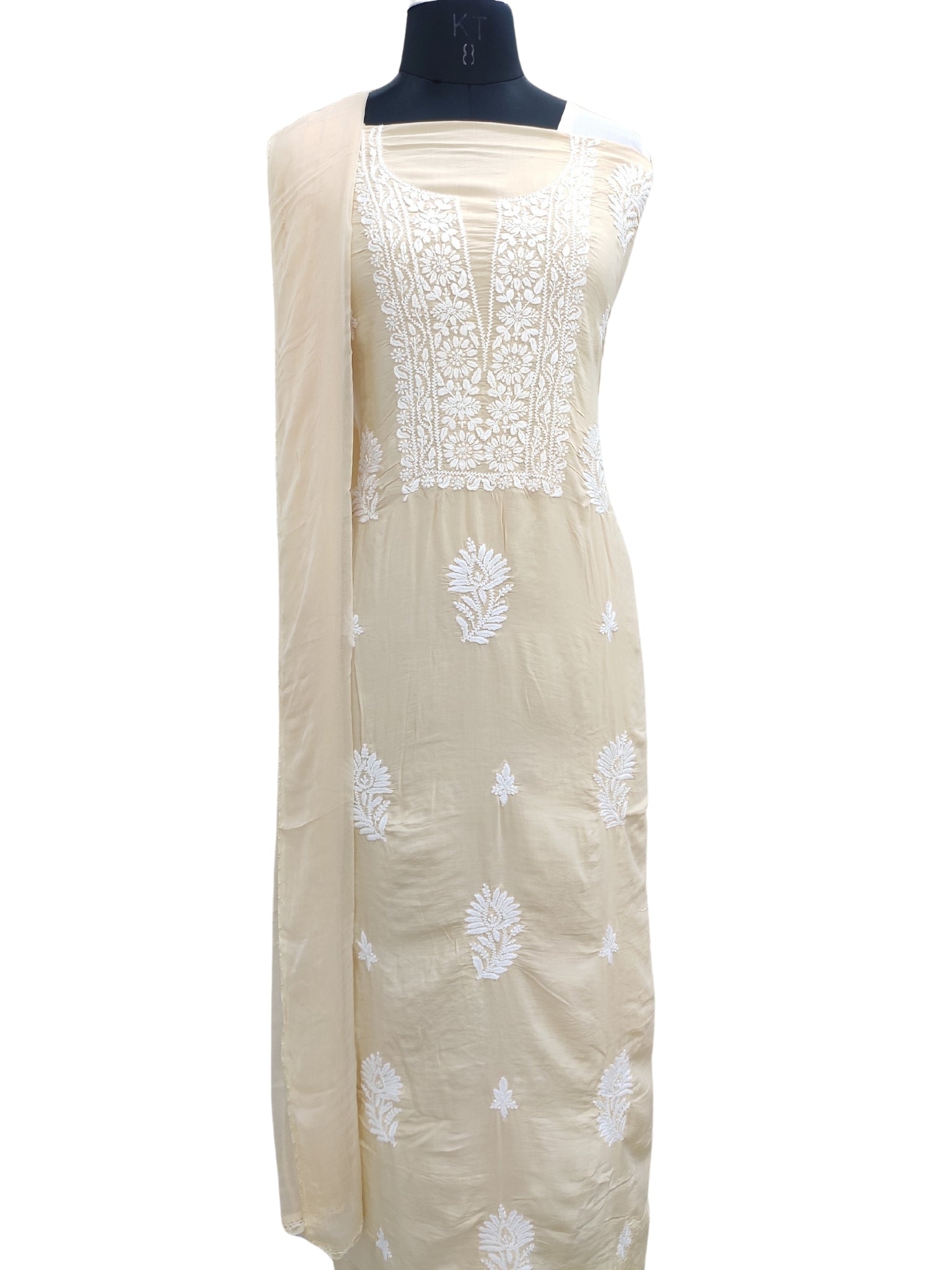 Shyamal Chikan Hand Embroidered Beige Modal Lucknowi Chikankari Unstitched Suit Piece - S24735