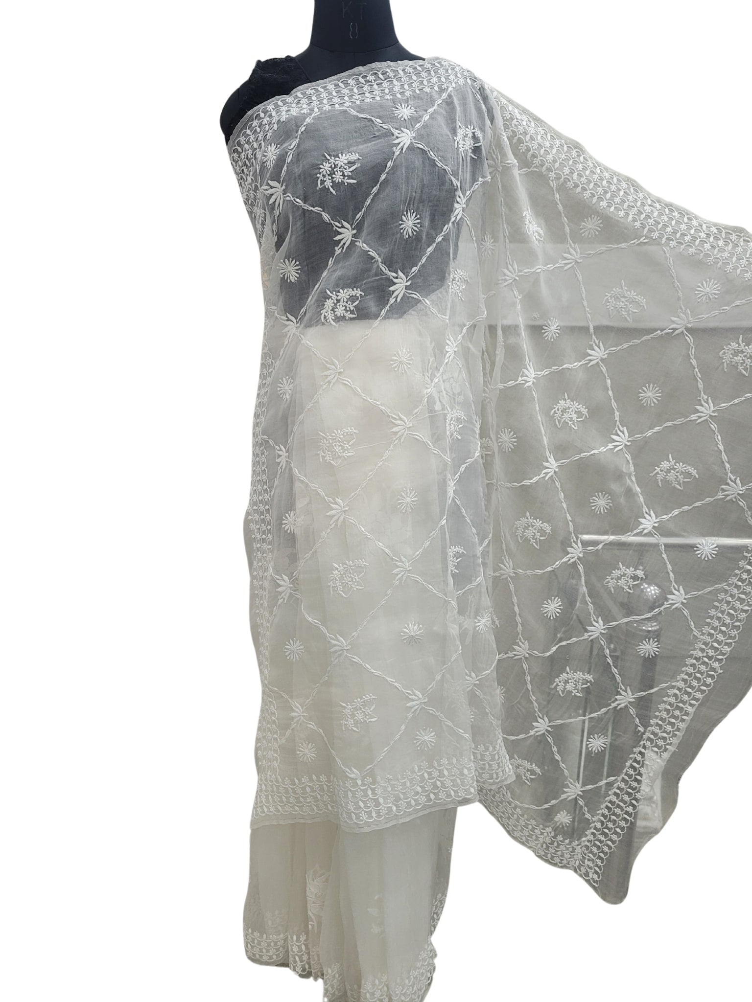 Shyamal Chikan Hand Embroidered White Pure Organza Lucknowi Chikankari Saree With Blouse Piece - S25015