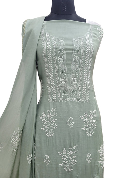 Shyamal Chikan Hand Embroidered Green Cotton Silk  Lucknowi Chikankari Unstitched Suit Piece ( Kurta Dupatta Set ) - S23706