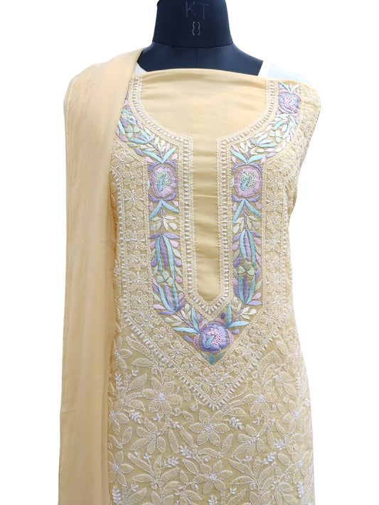 Shyamal Chikan Hand Embroidered Yellow Cotton Lucknowi Chikankari Unstitched Suit Piece With Parsi Work - S22239