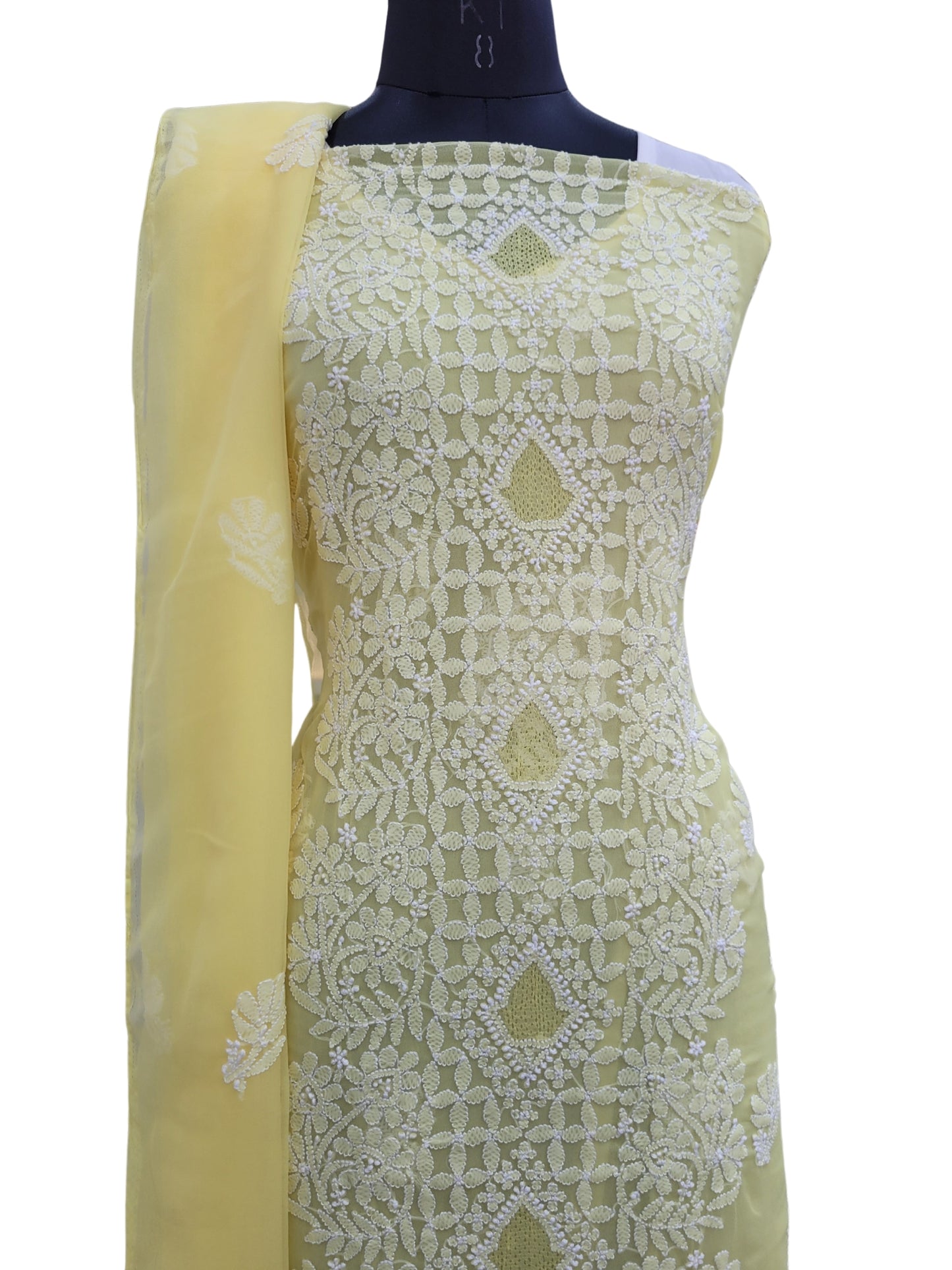 Shyamal Chikan Hand Embroidered Yellow Georgette Lucknowi Chikankari Unstitched Suit Piece - S24357