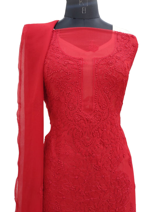 Shyamal Chikan Hand Embroidered Red Georgette Lucknowi Chikankari Unstitched Suit Piece - S21946