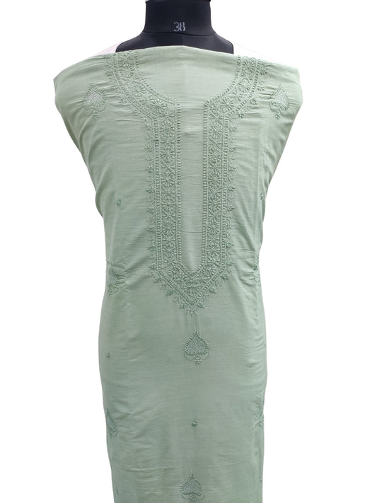 Shyamal Chikan Hand Embroidered Green Malmal Cotton Lucknowi Chikankari Unstitched Men's Kurta Piece With Jaali Work – S25150