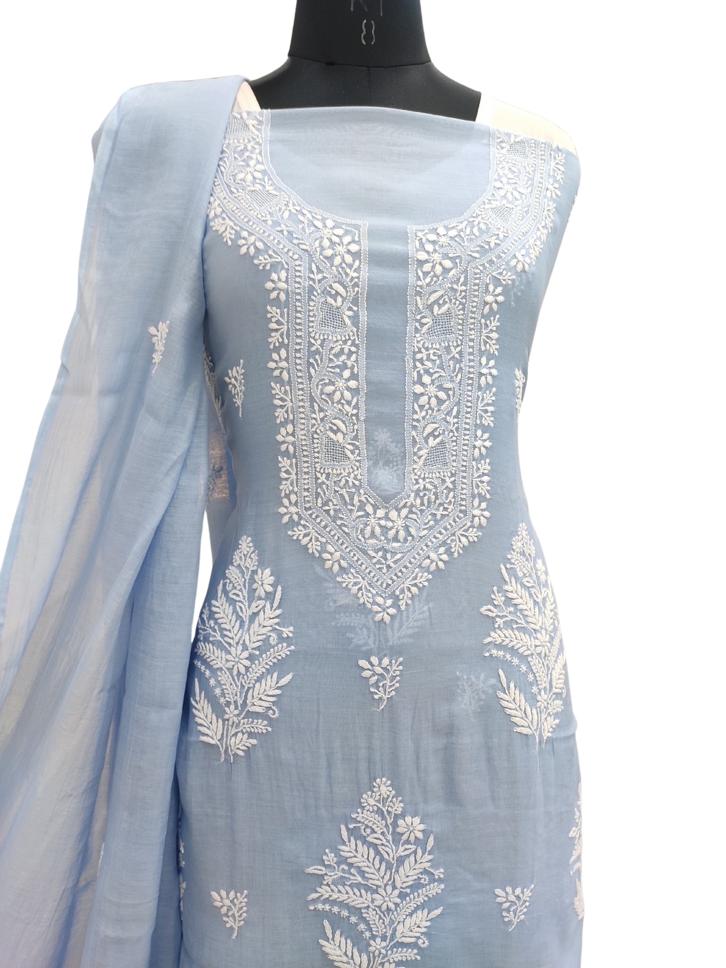 Shyamal Chikan Hand Embroidered Blue Mul Chanderi Lucknowi Chikankari Unstitched Suit Piece (Kurta Dupatta Set) - S23692