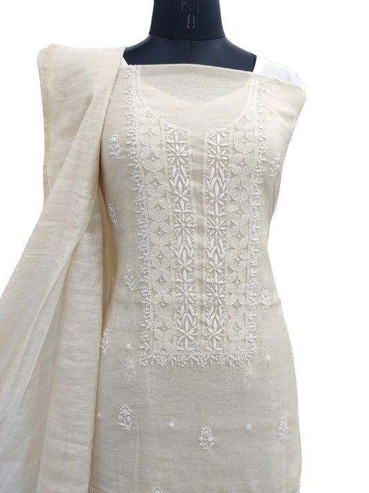 Shyamal Chikan Hand Embroidered Natural Fawn Tissue Lucknowi Chikankari Unstitched Suit Piece ( Kurta Dupatta Set ) - S22327