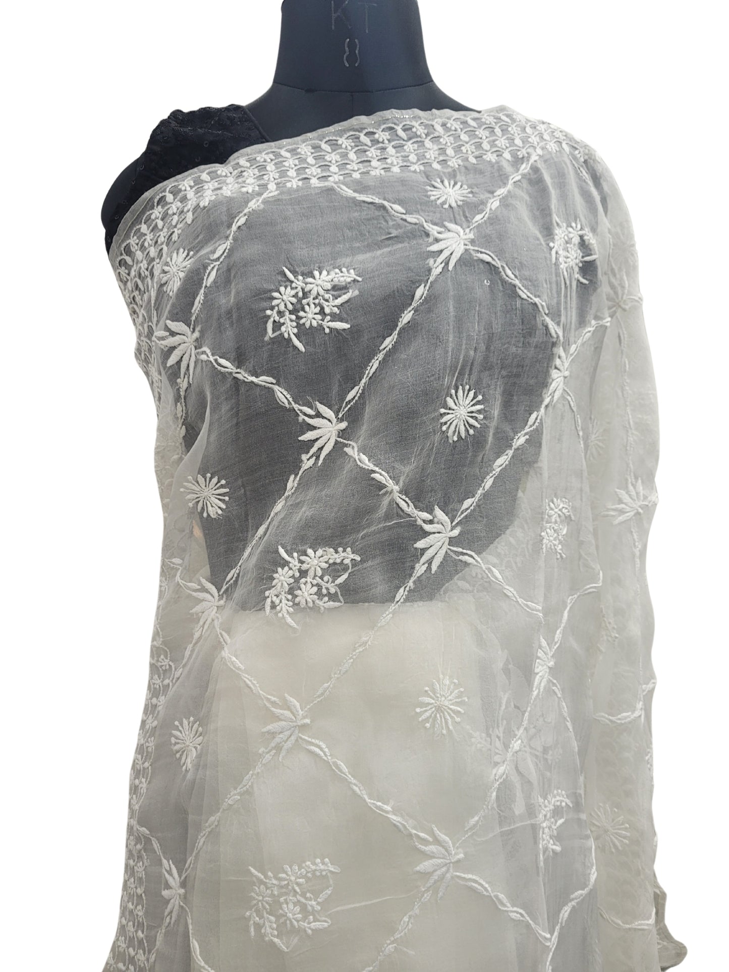 Shyamal Chikan Hand Embroidered White Pure Organza Lucknowi Chikankari Saree With Blouse Piece - S25015