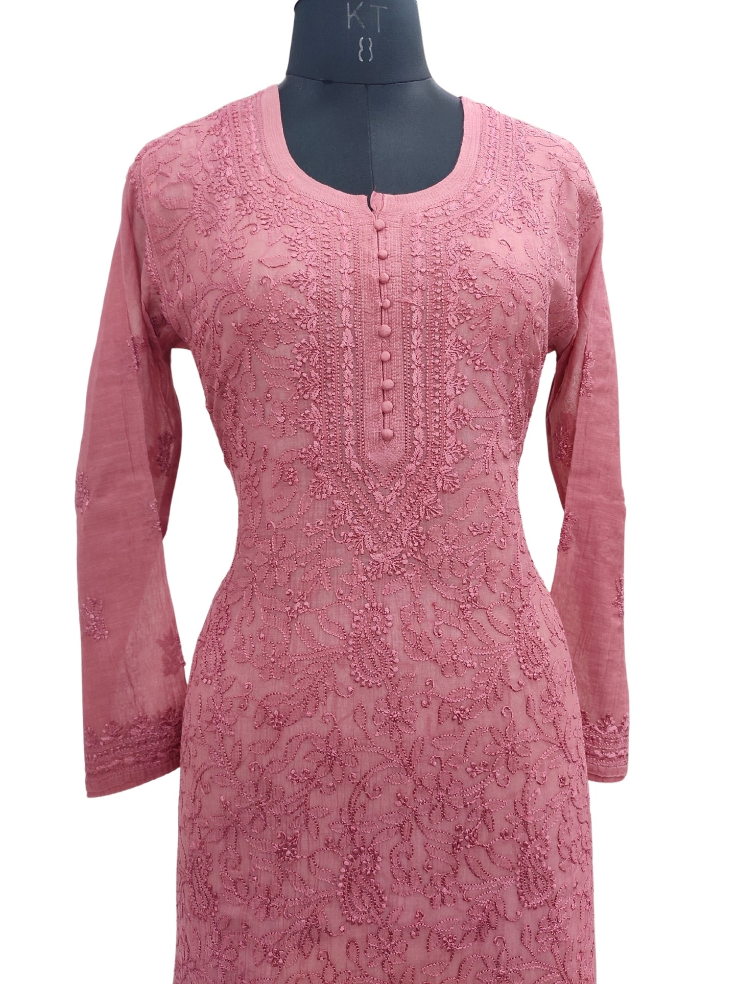 Shyamal Chikan Hand Embroidered Red Mul Chanderi Lucknowi Chikankari Kurti - 23917