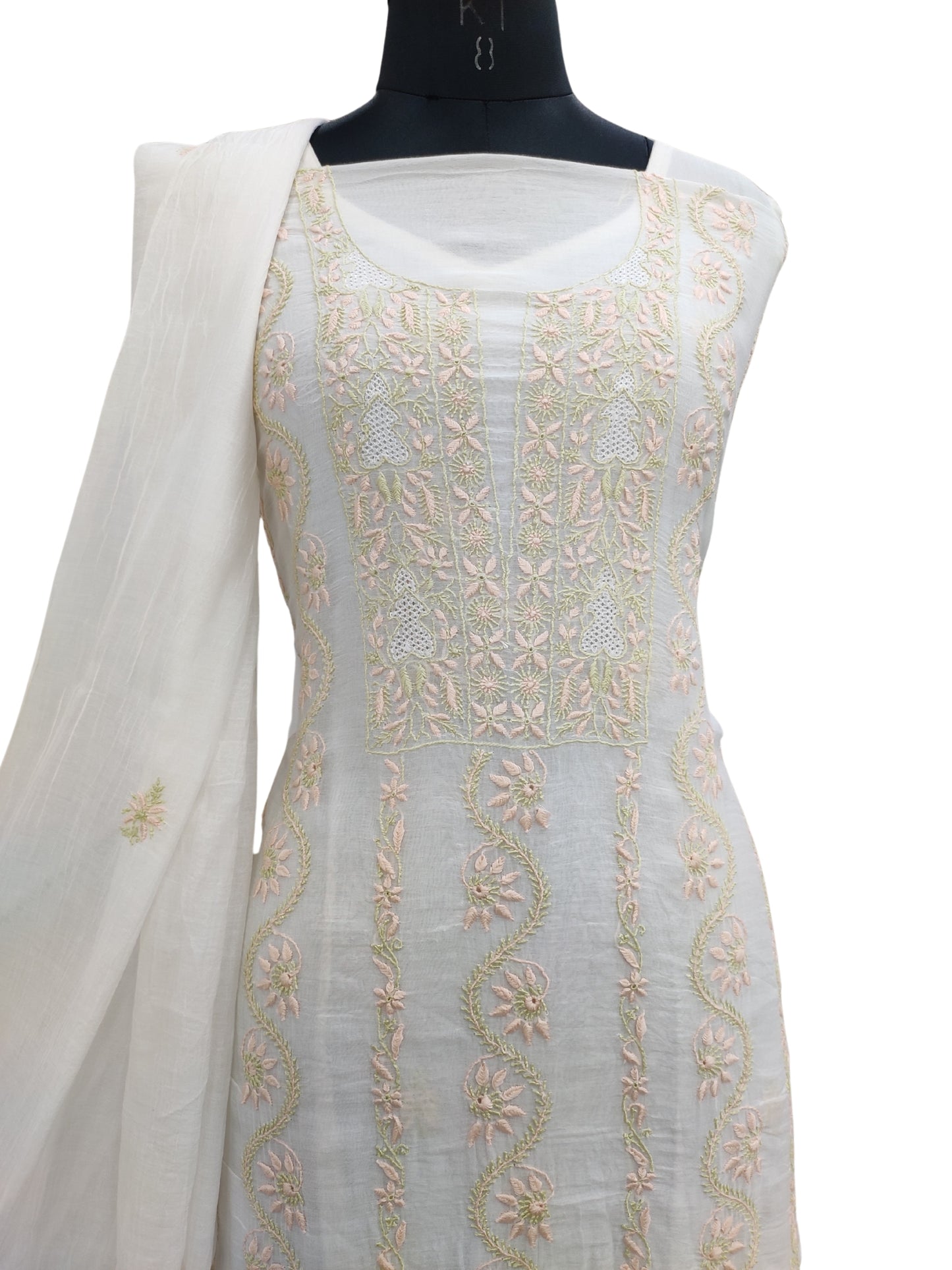 Shyamal Chikan Hand Embroidered White Mul Chanderi Lucknowi Chikankari Unstitched Suit Piece (Kurta Dupatta Set) - S22967