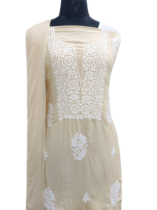 Shyamal Chikan Hand Embroidered Beige Modal Lucknowi Chikankari Unstitched Suit Piece - S24735