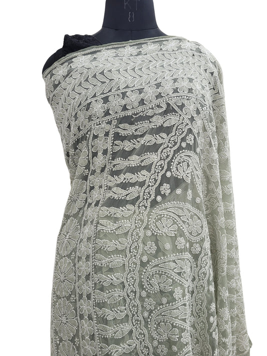 Shyamal Chikan Hand Embroidered Grey Georgette Lucknowi Chikankari Full Jaal Saree With Blouse Piece - S25198