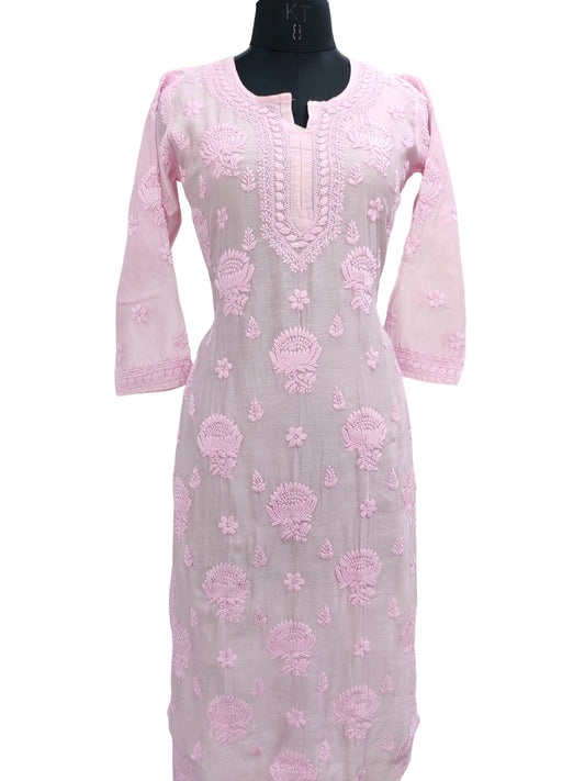 Shyamal Chikan Hand Embroidered Pink Chanderi Silk Lucknowi Chikankari Kurti - S19750