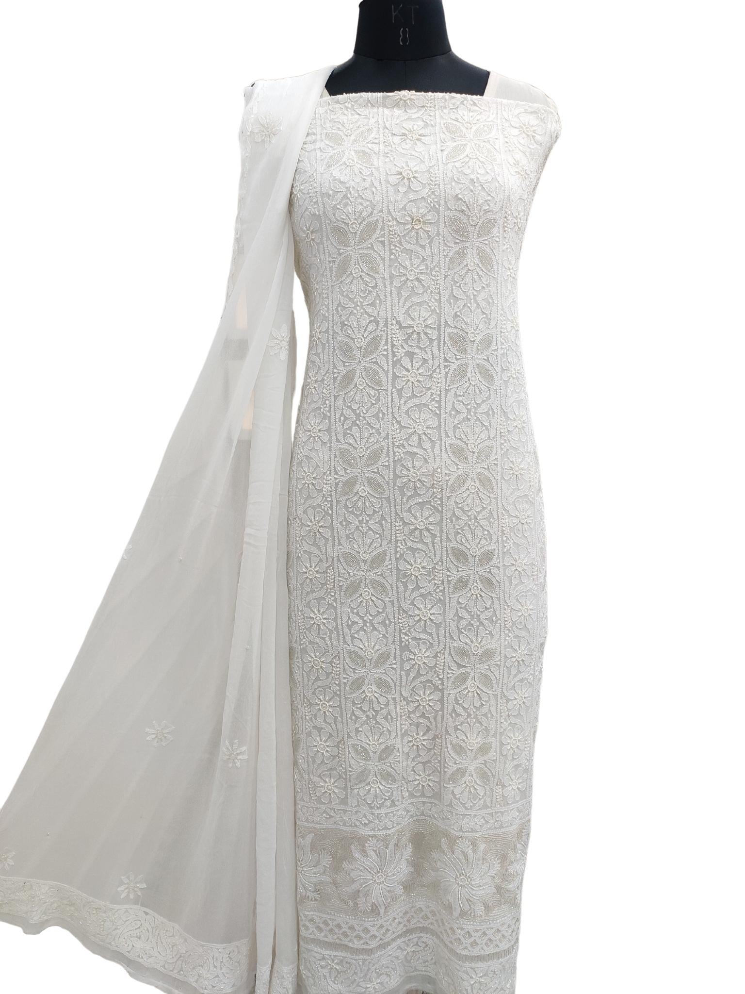 Shyamal Chikan Hand Embroidered White Viscose Georgette Lucknowi Chikankari Unstitched Suit Piece With Pearl Work ( Set of 2 ) - S20163