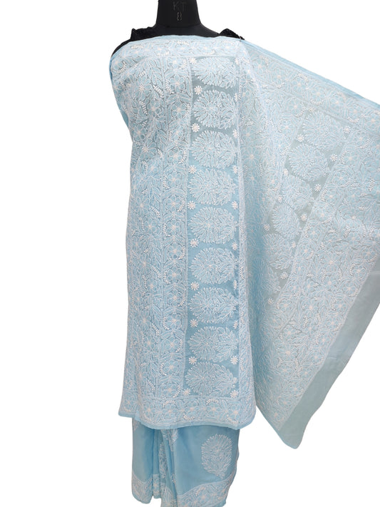 Shyamal Chikan Hand Embroidered Blue Cotton Lucknowi Chikankari Heavy Palla Saree With Blouse Piece- S22530