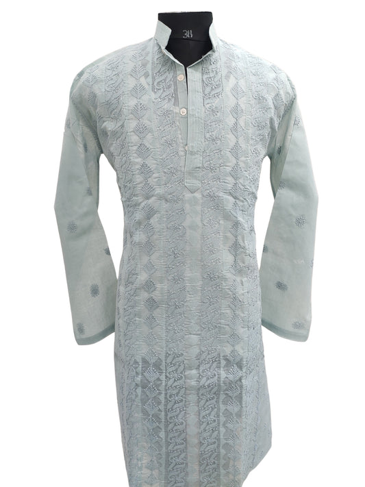 Shyamal Chikan Hand Embroidered Grey Cotton Lucknowi Chikankari Men's Kurta With Daraz Work S23439