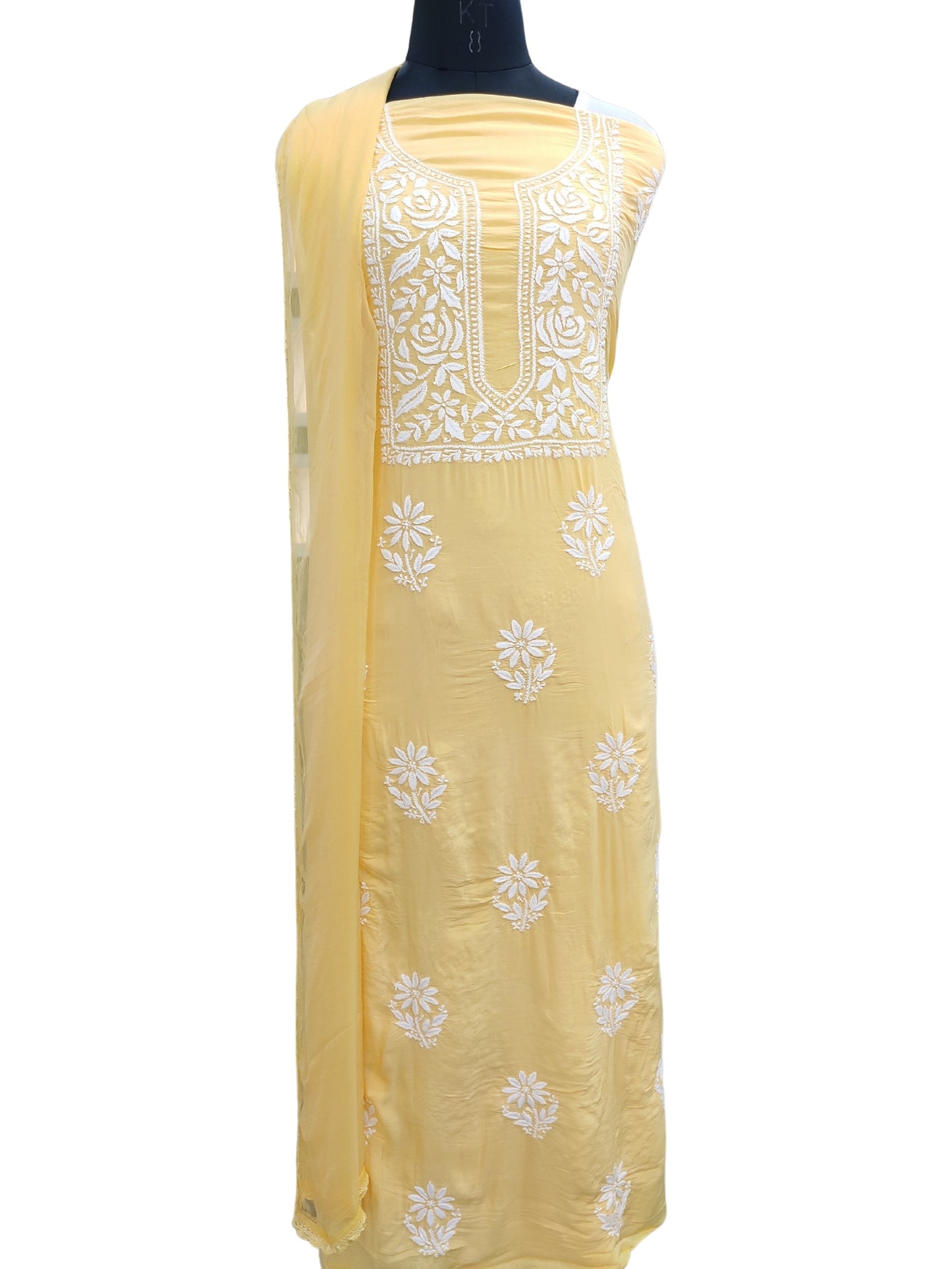 Shyamal Chikan Hand Embroidered Yellow Modal Lucknowi Chikankari Unstitched Suit Piece - S24740