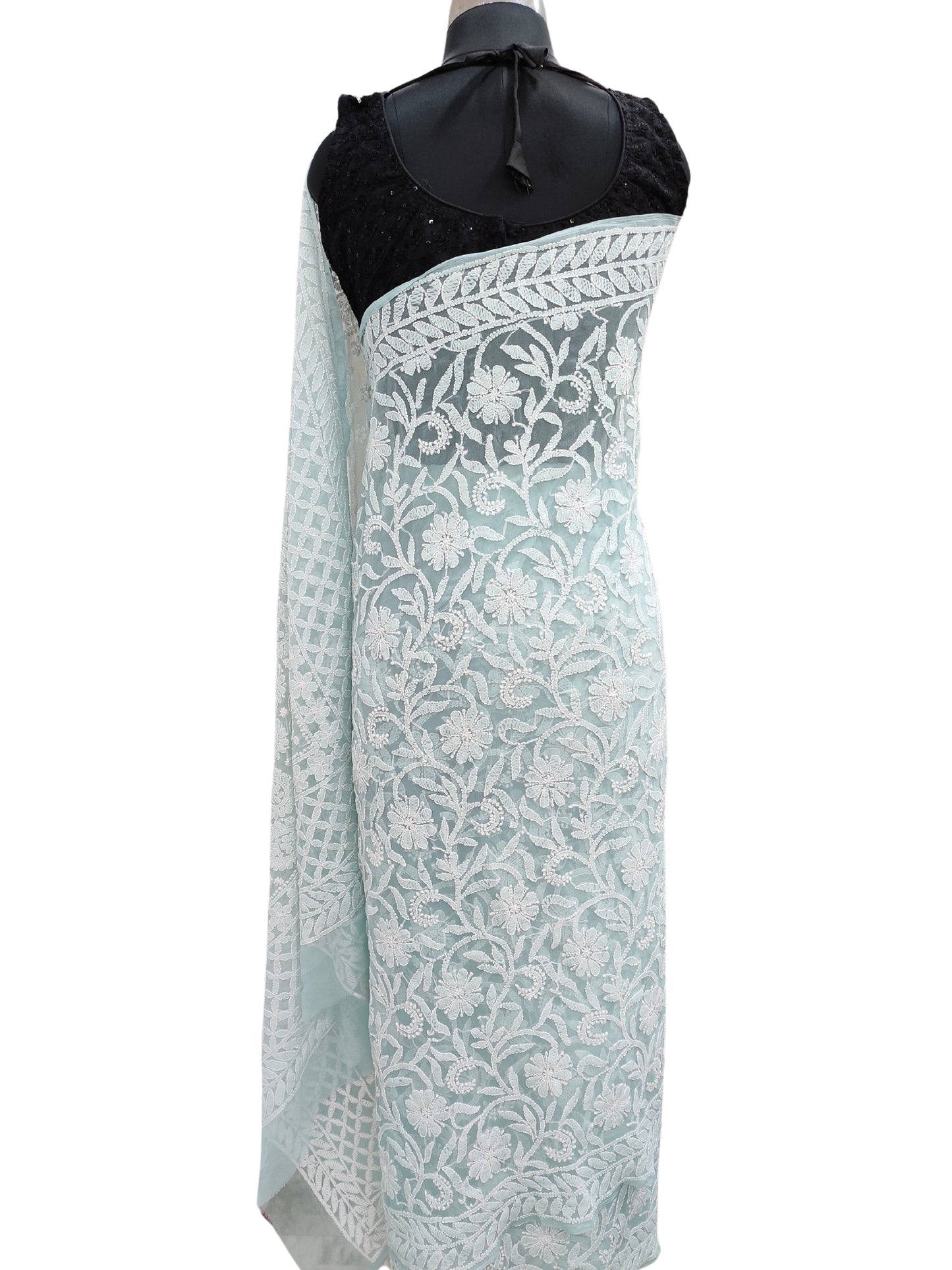 Shyamal Chikan Hand Embroidered Sea Green Georgette Lucknowi Chikankari Full Jaal Saree With Blouse Piece - S21558