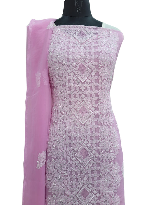 Shyamal Chikan Hand Embroidered Purple Georgette Lucknowi Chikankari Unstitched Suit Piece - S24360