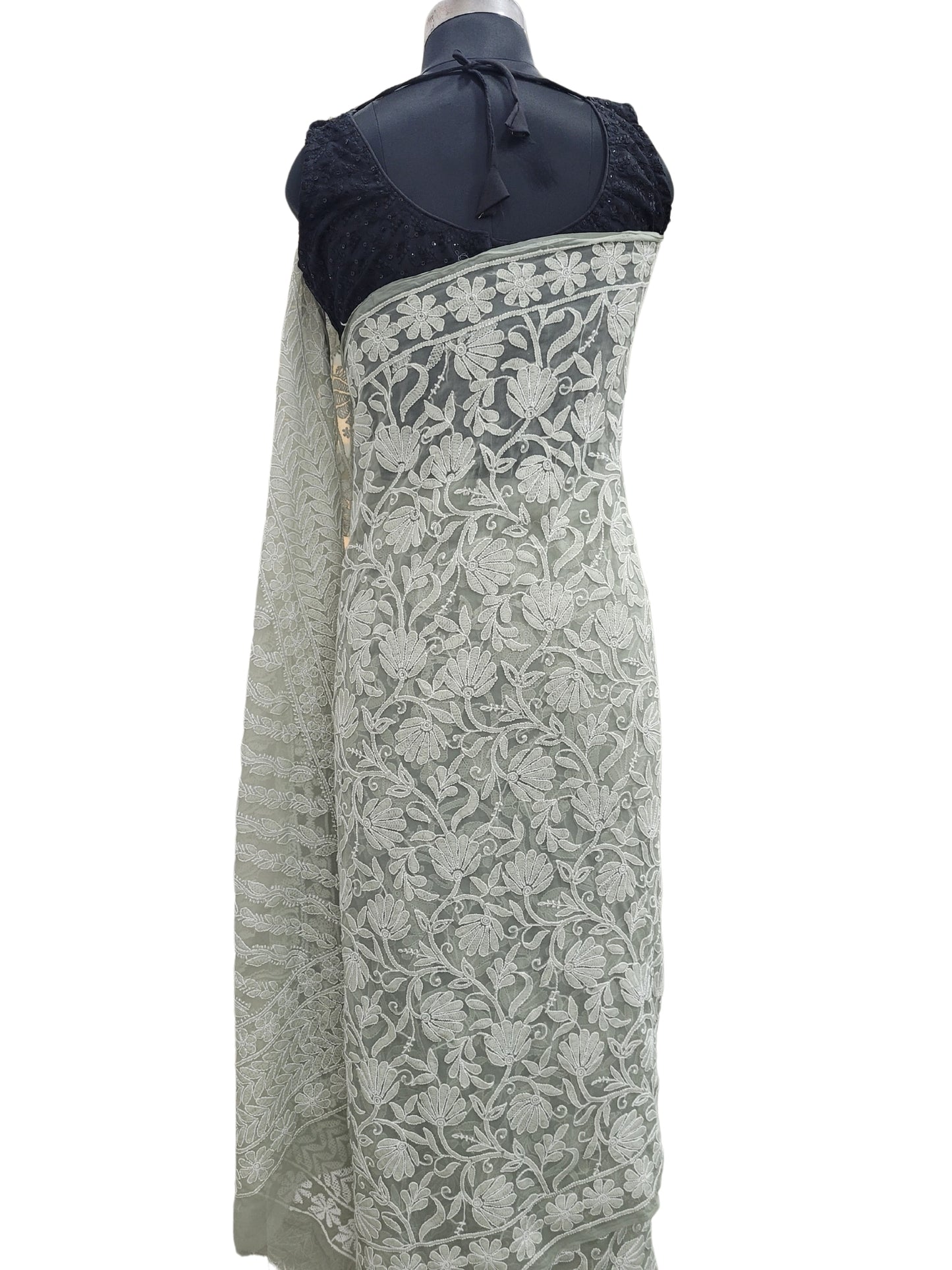 Shyamal Chikan Hand Embroidered Grey Georgette Lucknowi Chikankari Full Jaal Saree With Blouse Piece - S25198