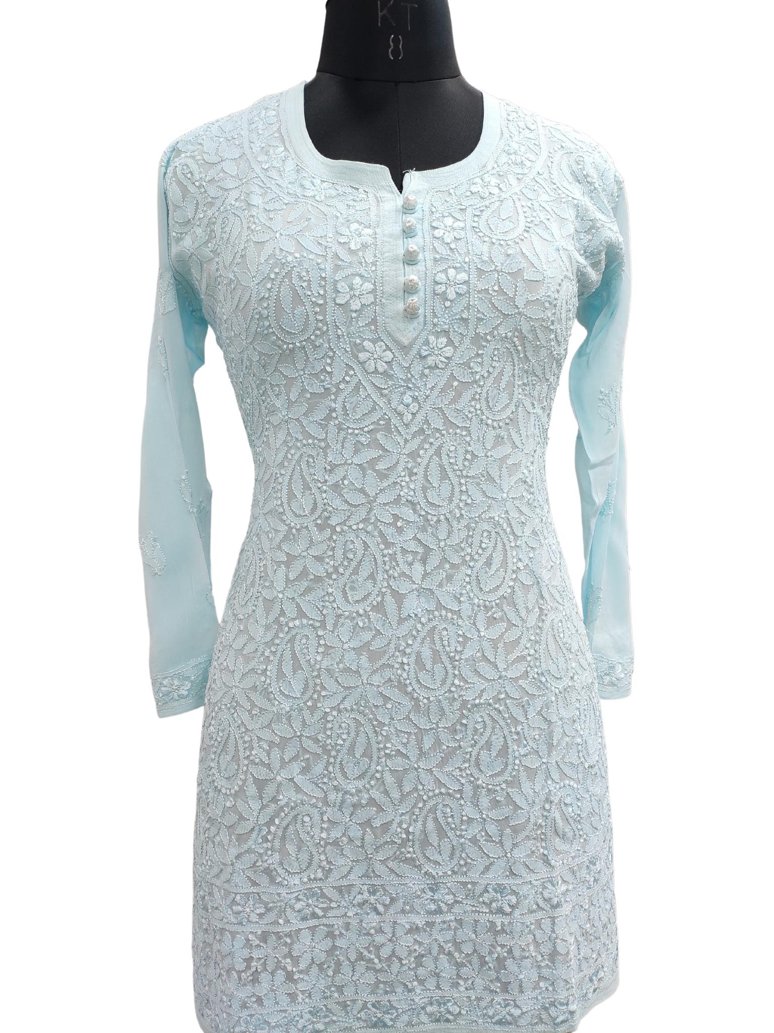 Shyamal Chikan Hand Embroidered Blue Viscose Georgette Lucknowi Chikankari Short Top - S20377