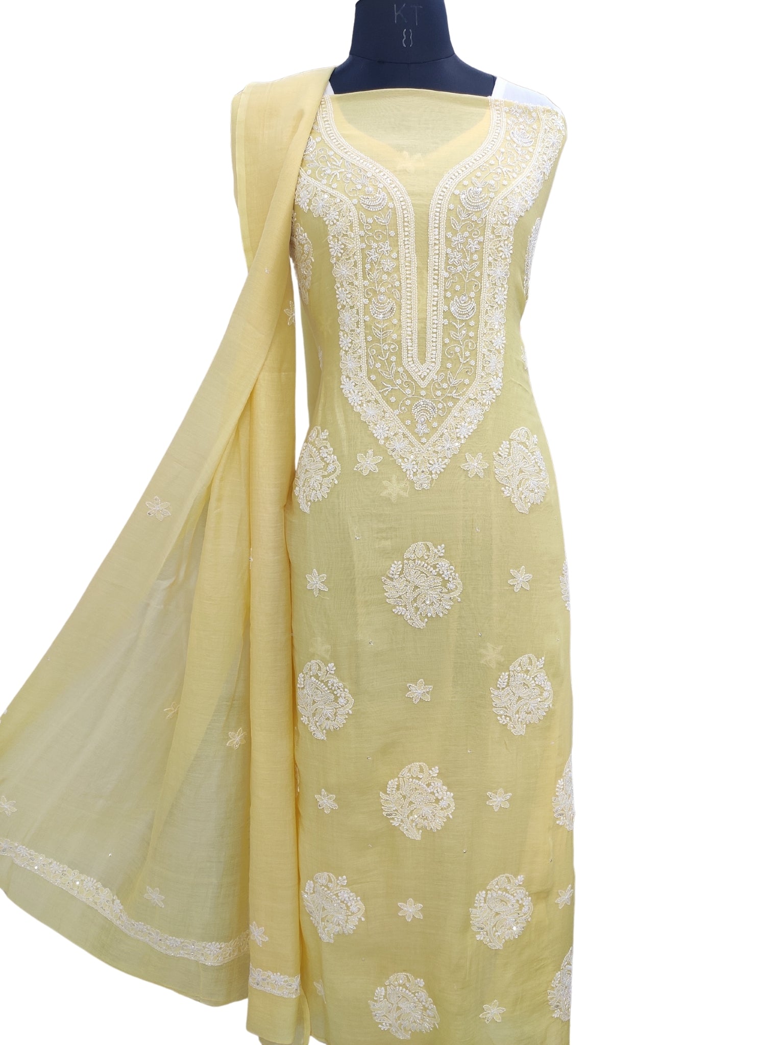 Shyamal Chikan Hand Embroidered Yellow Mul Chanderi Lucknowi Chikankari Unstitched Suit Piece with Cutdana & Sequin Work (Kurta Dupatta Set) 23761