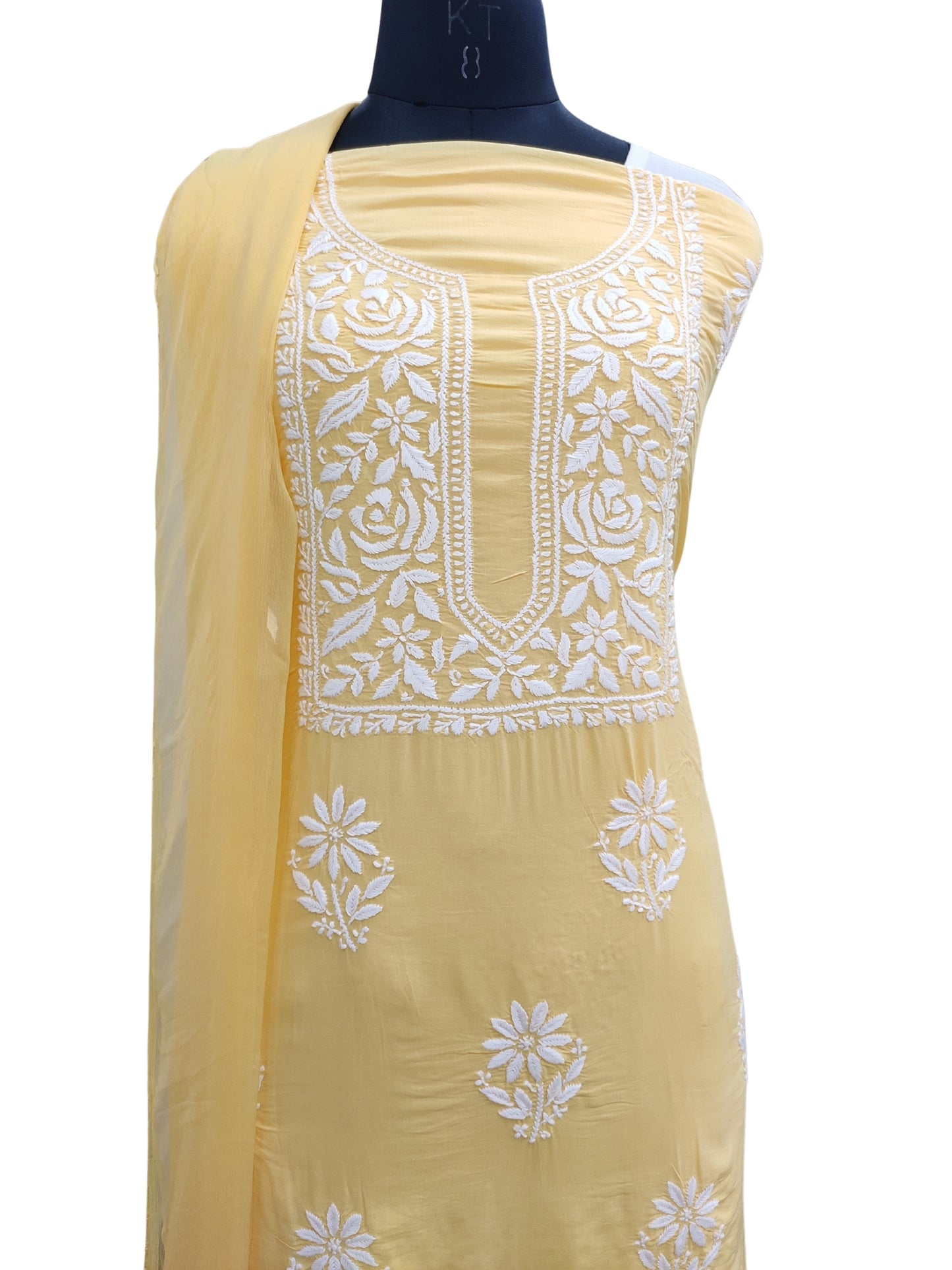 Shyamal Chikan Hand Embroidered Yellow Modal Lucknowi Chikankari Unstitched Suit Piece - S24740