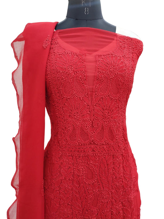 Shyamal Chikan Hand Embroidered Red Georgette Lucknowi Chikankari Unstitched Suit Piece - S21949