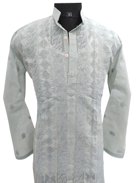 Shyamal Chikan Hand Embroidered Grey Cotton Lucknowi Chikankari Men's Kurta With Daraz Work S23439