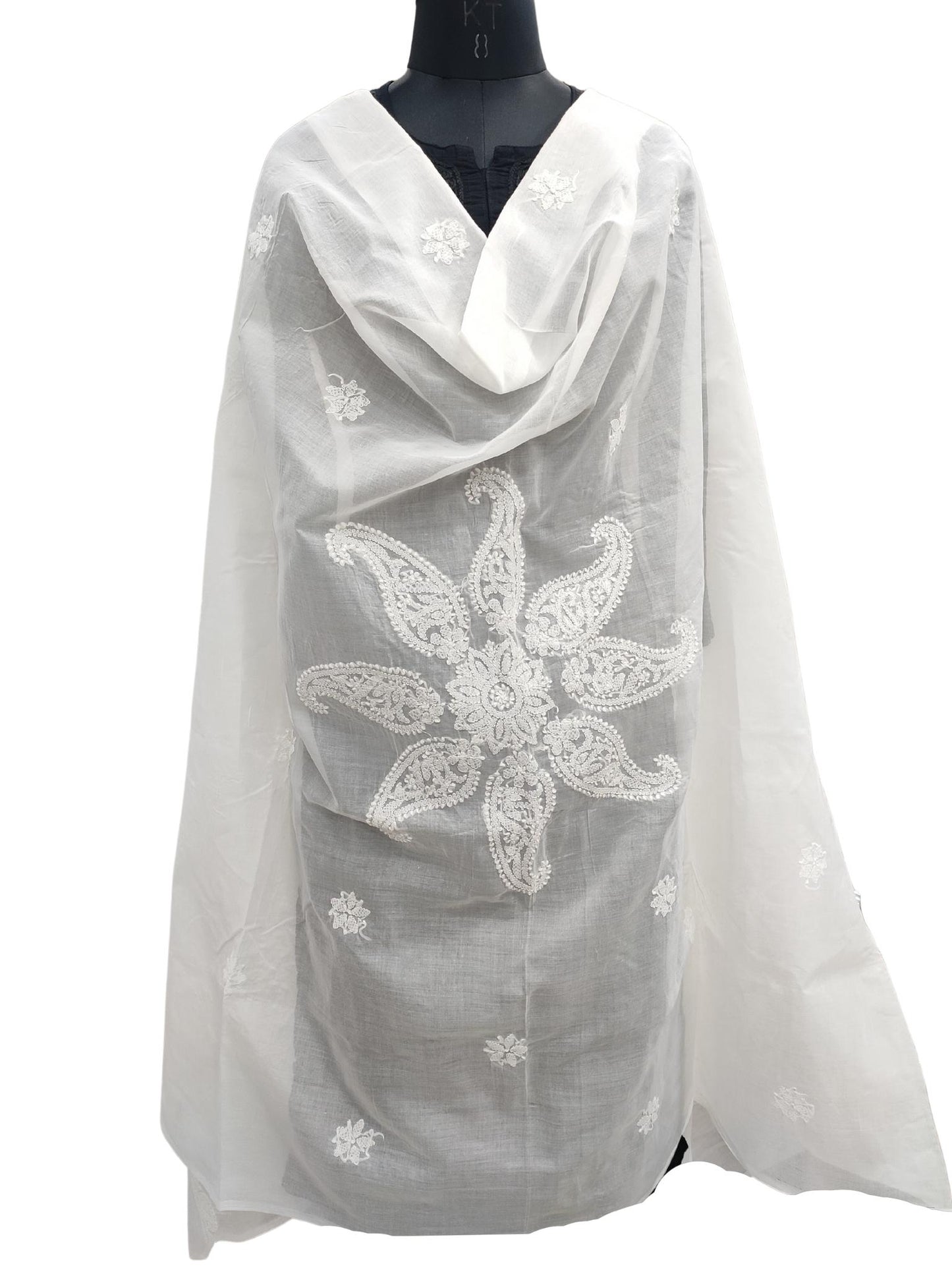 Shyamal Chikan Hand Embroidered White Cotton Lucknowi Chikankari Dupatta - S20942