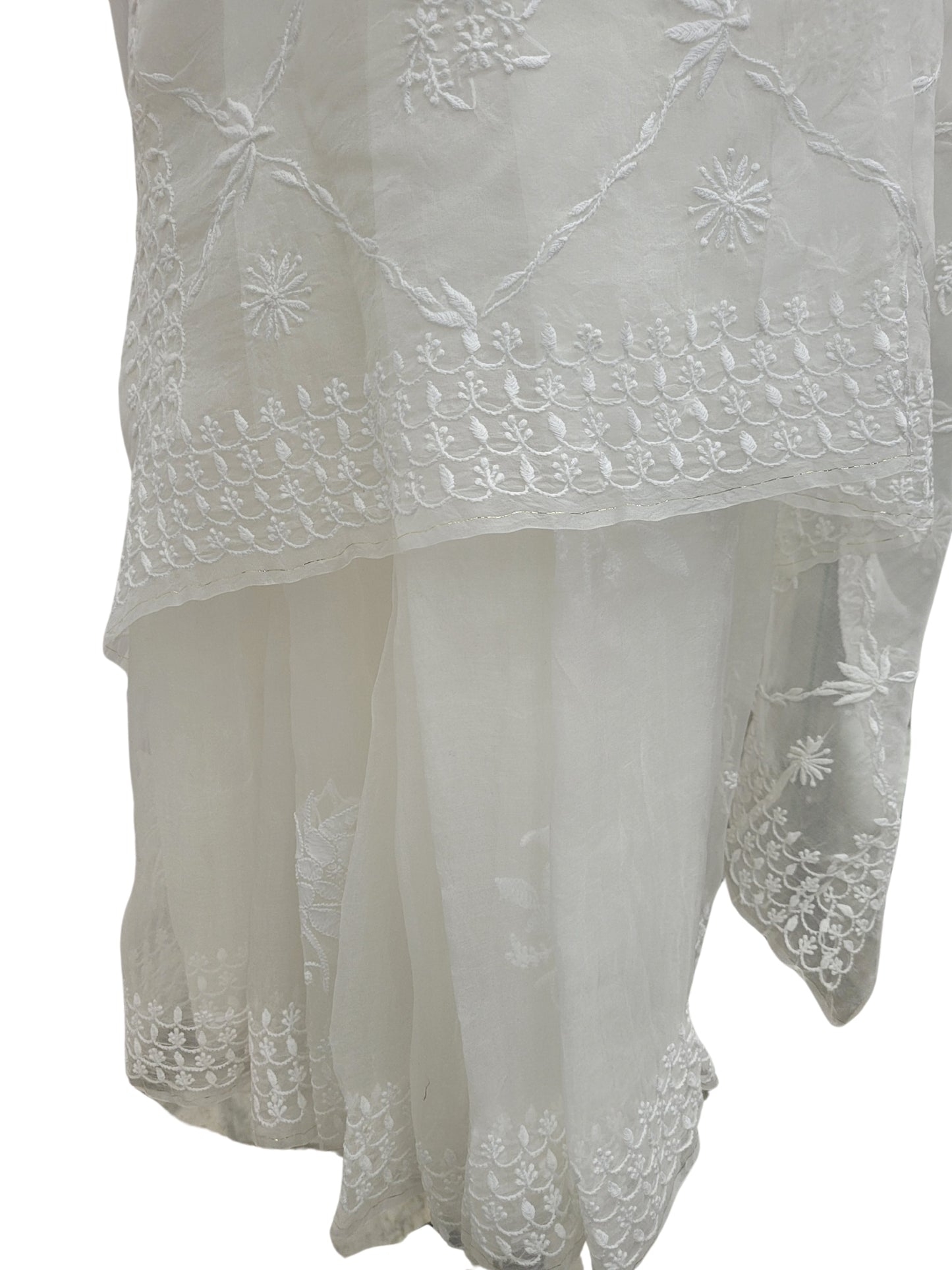 Shyamal Chikan Hand Embroidered White Pure Organza Lucknowi Chikankari Saree With Blouse Piece - S25015