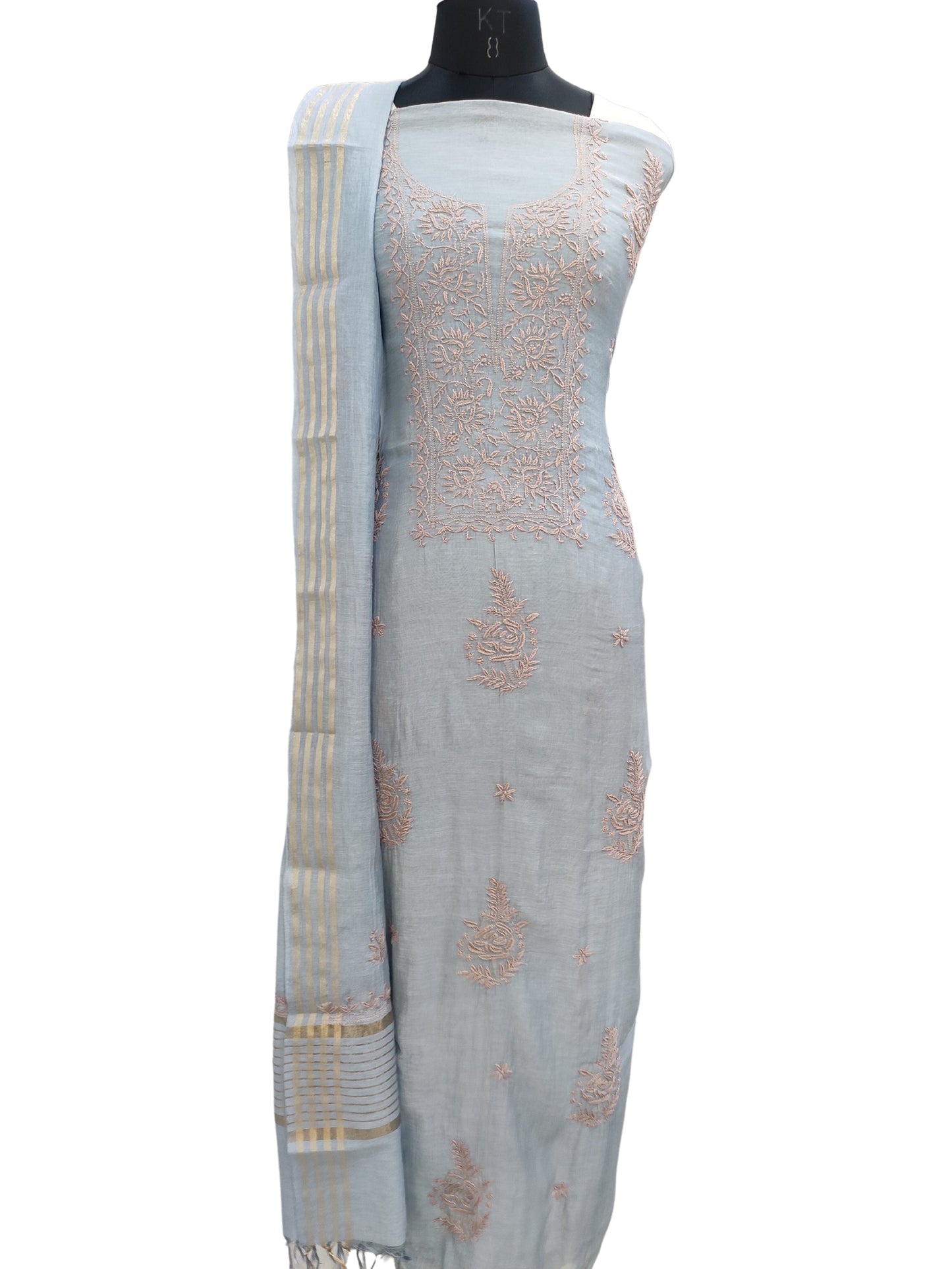 Shyamal Chikan Hand Embroidered Grey Mul Chanderi Lucknowi Chikankari Unstitched Embellised Suit Piece (Kurta Dupatta Set) - S18655