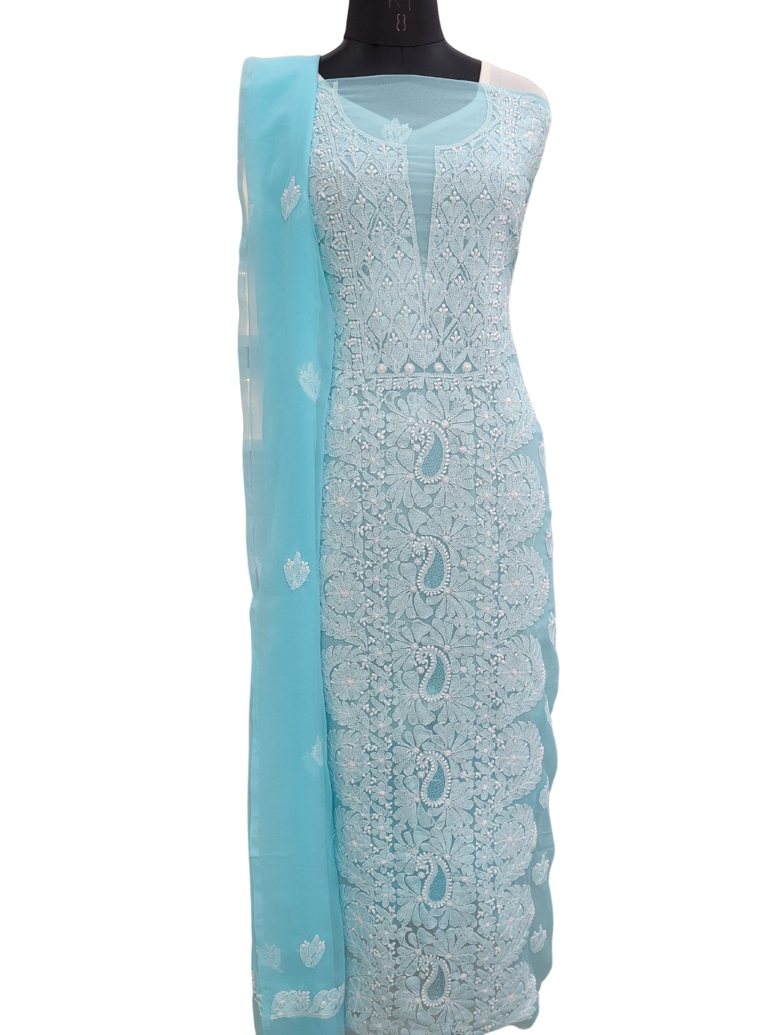 Shyamal Chikan Hand Embroidered Blue Georgette Lucknowi Chikankari Unstitched Suit Piece - S24361