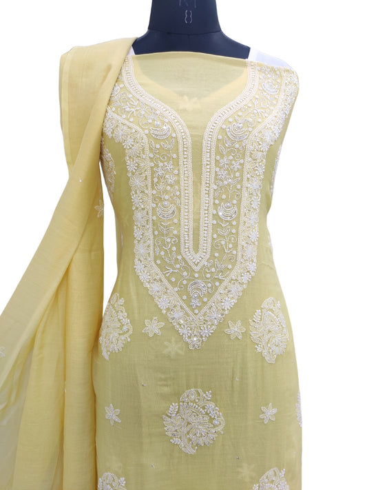 Shyamal Chikan Hand Embroidered Yellow Mul Chanderi Lucknowi Chikankari Unstitched Suit Piece with Cutdana & Sequin Work (Kurta Dupatta Set) 23761