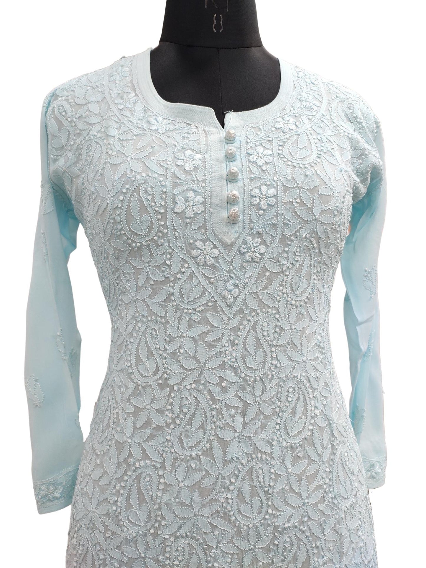 Shyamal Chikan Hand Embroidered Blue Viscose Georgette Lucknowi Chikankari Short Top - S20377