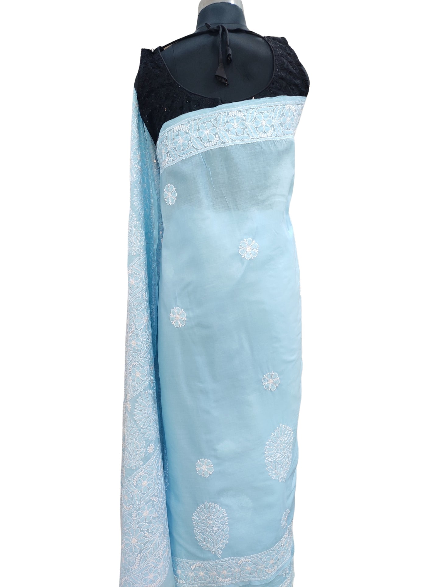 Shyamal Chikan Hand Embroidered Blue Cotton Lucknowi Chikankari Heavy Palla Saree With Blouse Piece- S22530