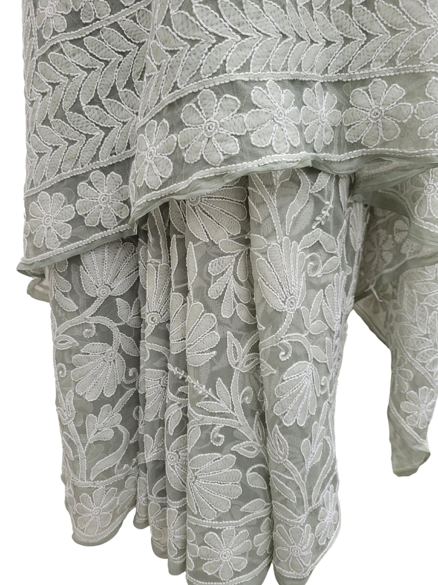 Shyamal Chikan Hand Embroidered Grey Georgette Lucknowi Chikankari Full Jaal Saree With Blouse Piece - S25198