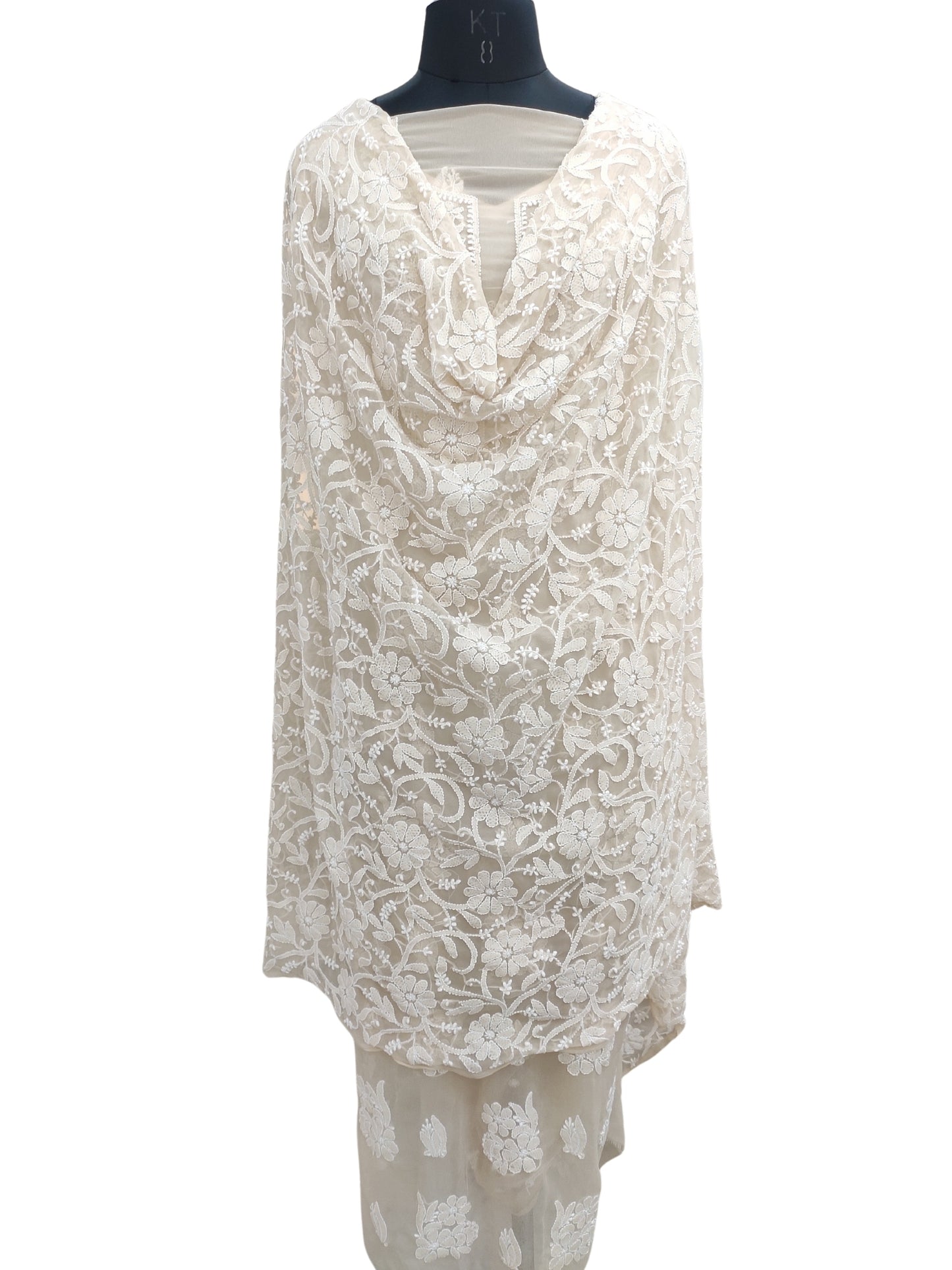 Shyamal Chikan Hand Embroidered Beige Georgette Lucknowi Chikankari Unstitched Suit Piece With Heavy Dupatta - S25447