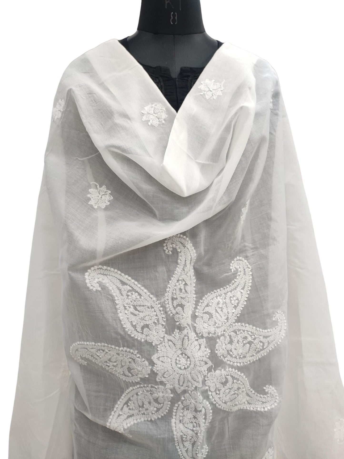 Shyamal Chikan Hand Embroidered White Cotton Lucknowi Chikankari Dupatta - S20942